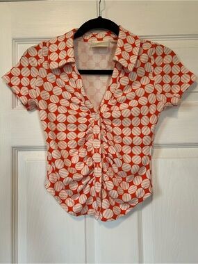 Anthropologie Orange and White Polka Dot Button-Front Shirt